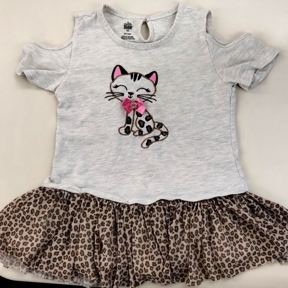Cure Kitty leopard print dress with open shoulders.